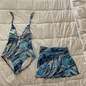 Tie dye 1 piece swimsuit with matching skirt